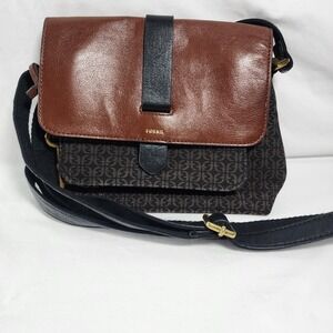 Y2K Fossil Mini Crossbody Brown Leather Canvas Messenger Bag Travel Utility Key‎